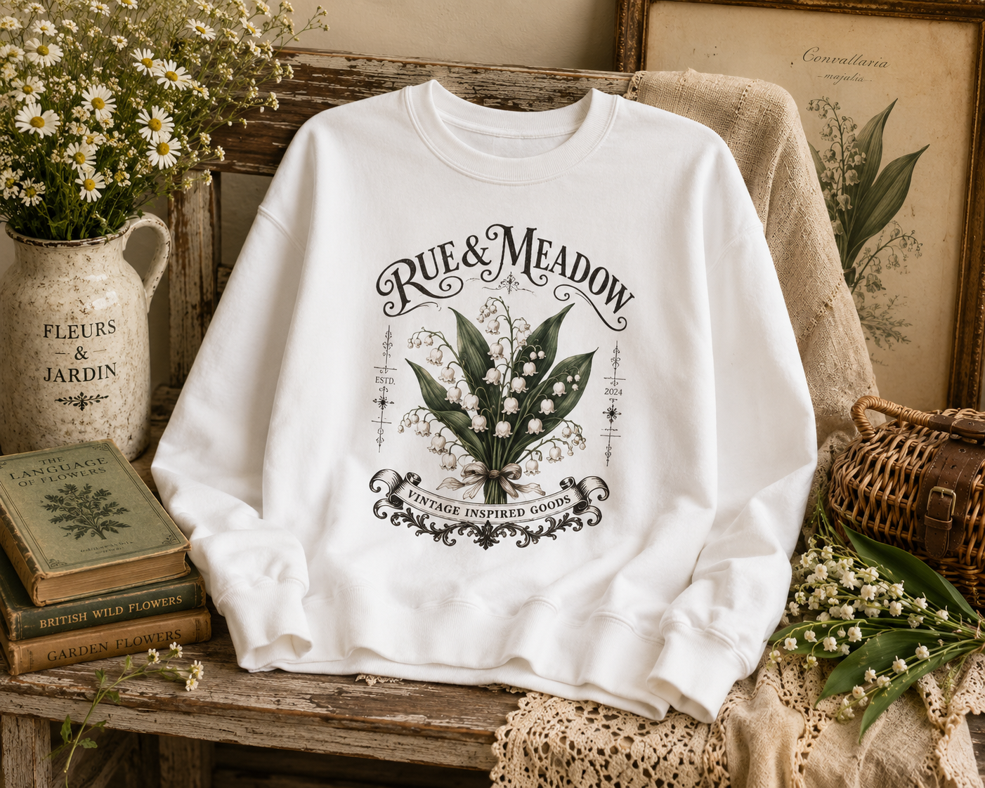 White lily of the valley sweatshirt styled on a vintage wooden bench with botanical books, lace, and flowers