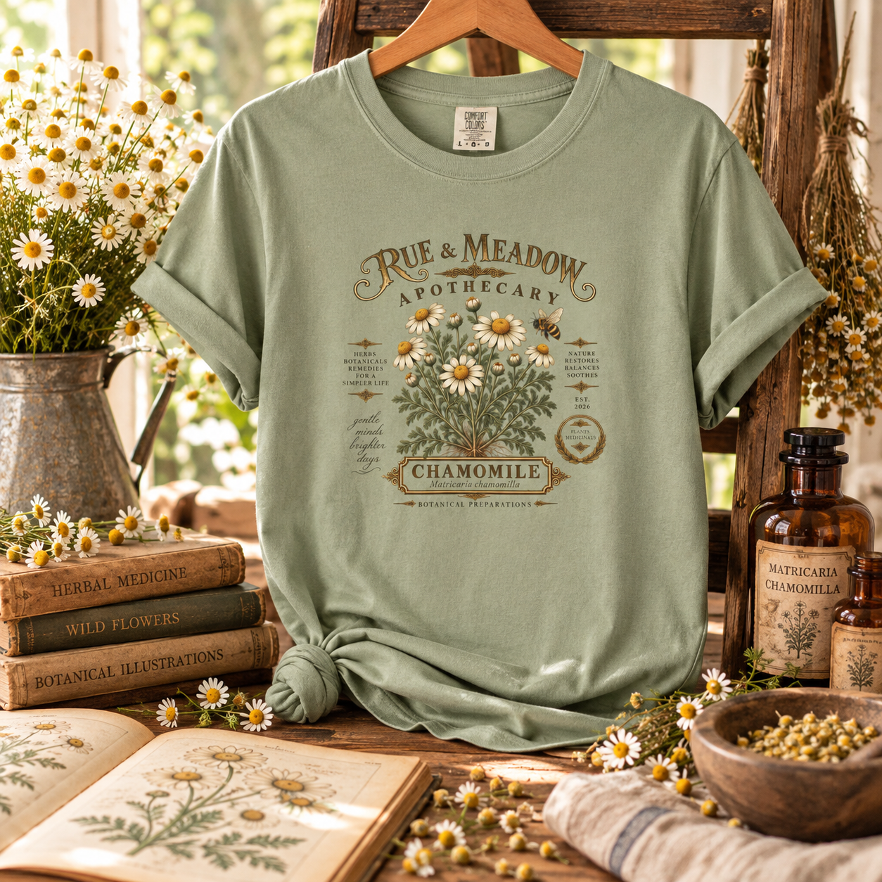 Soft green chamomile apothecary tee on a wooden hanger, styled with chamomile flowers, antique botanical books, and amber bottles