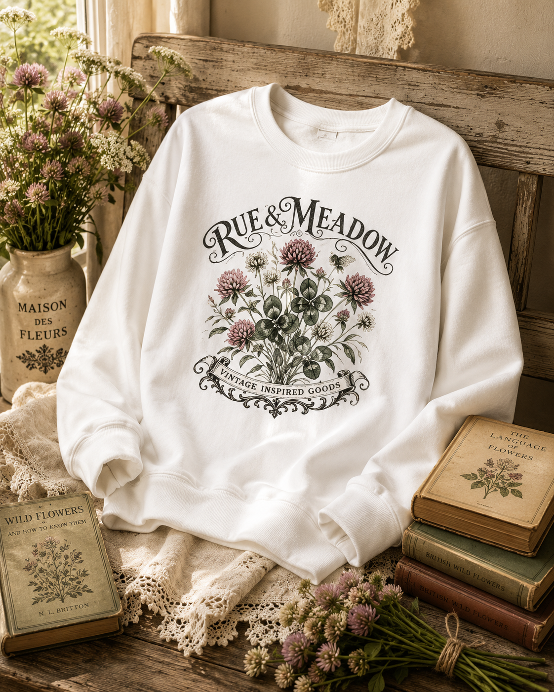 Styled clover sweatshirt mockup on a rustic bench with flowers and vintage books
