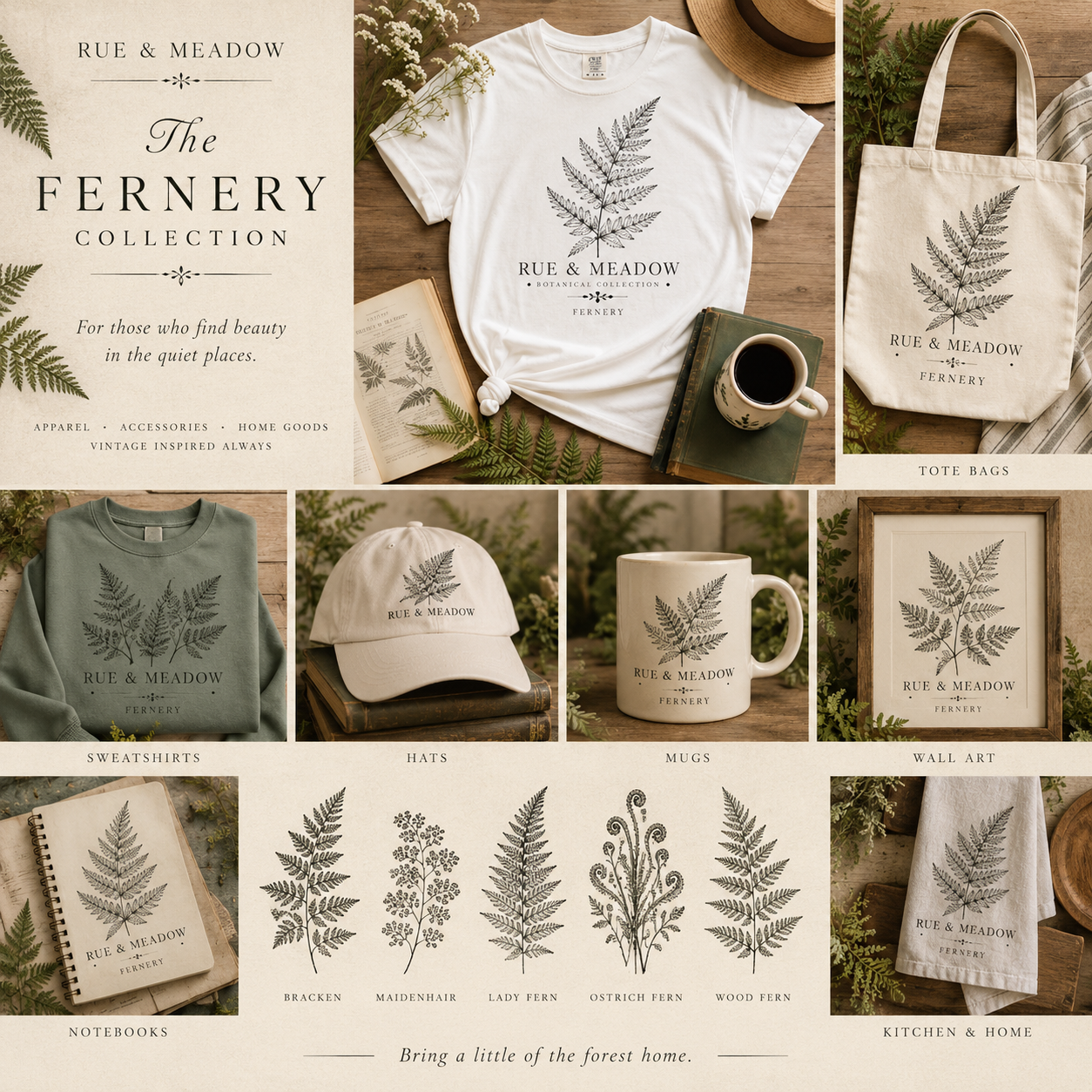 White Fernery T-shirt styled on warm wood with fern sprigs, a botanical book, and a cup of coffee