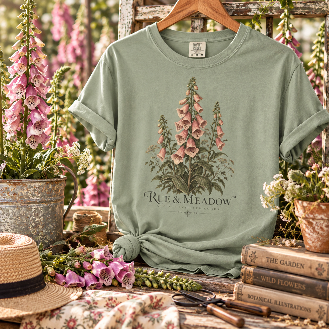 Sage green foxglove botanical tee on a wooden hanger, styled among pink garden flowers and antique books