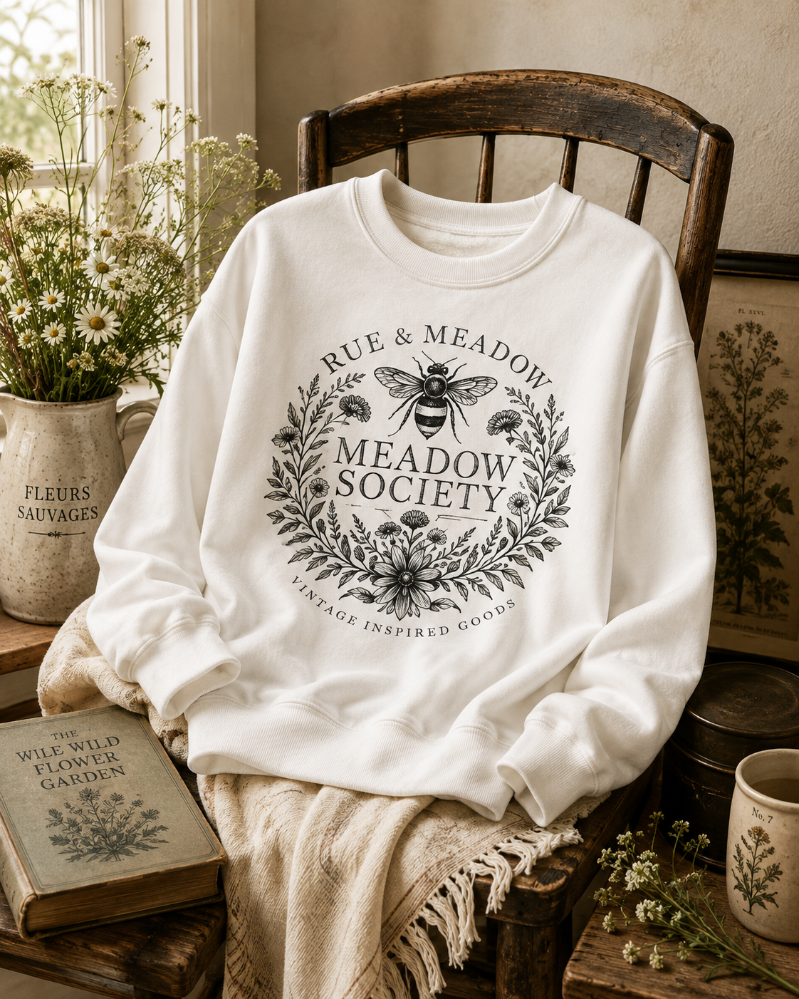 White Meadow Society sweatshirt with a bee and botanical wreath, styled on an antique wooden chair with wildflowers and vintage books