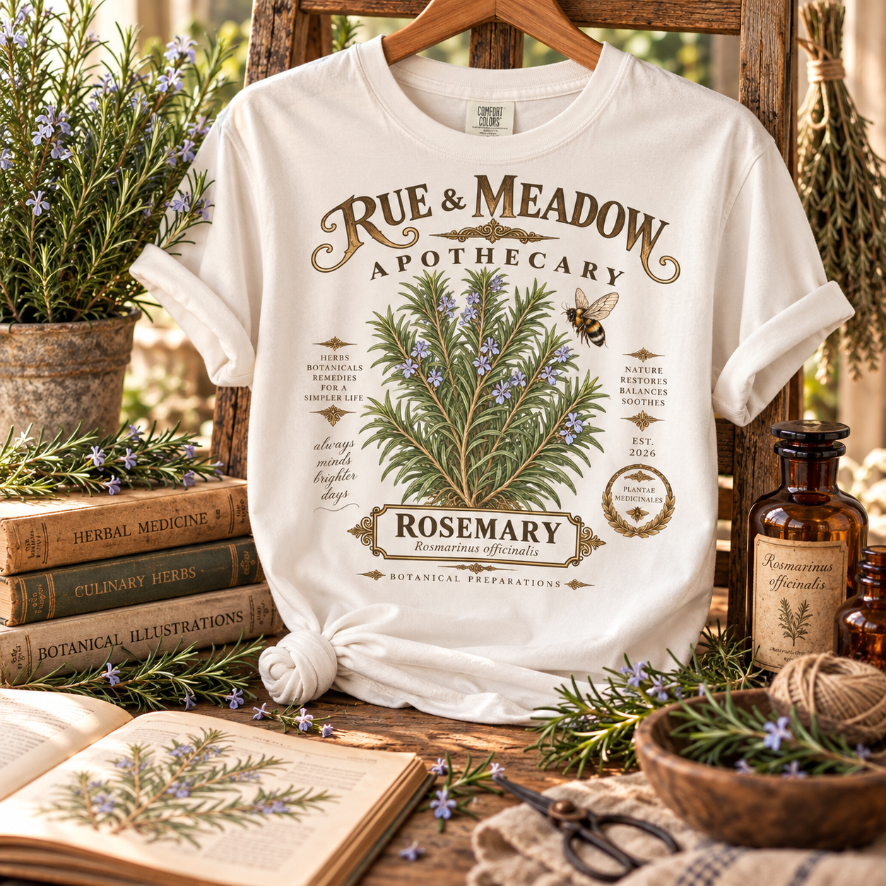 Styled rosemary apothecary tee mockup with herbs and antique books