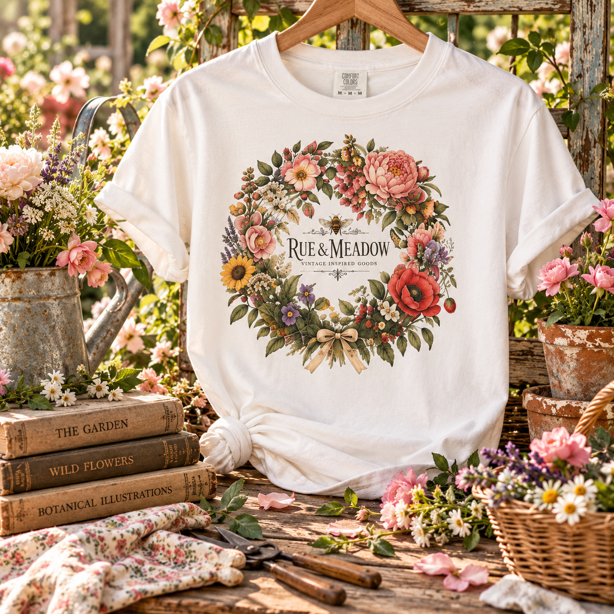 Styled floral wreath tee mockup hanging among garden flowers, vintage books, and terracotta pots